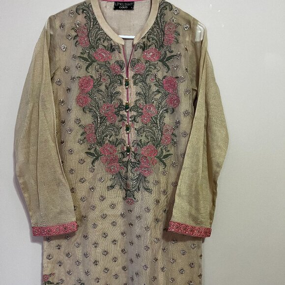 3 Piece Formal Cotton Net Beige & Pink Suit - Pakistani/Indian - Picture 1 of 4